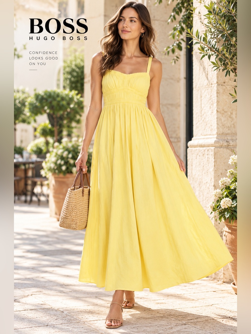NWT Boss Orange by Hugo Boss
Dalza Shirred Cotton Maxi Dress in Yellow. $248
